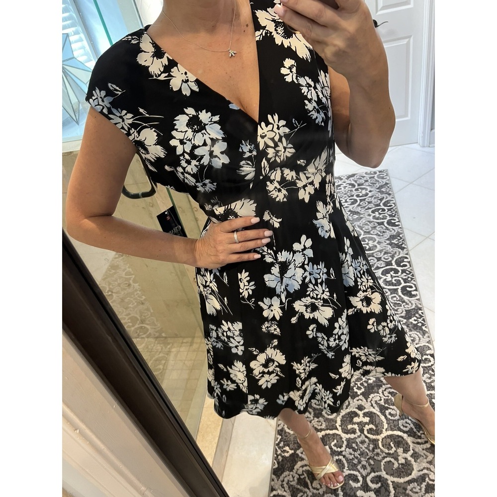 CHAPS Womens XL Dress Sleeveless V Neck Floral Midi Empire Waist Black White NWT
